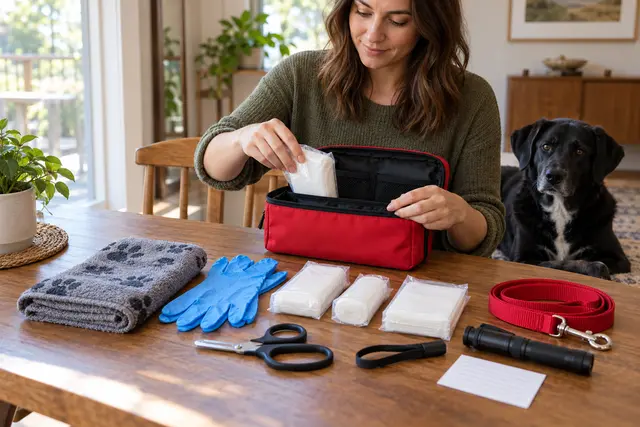 AI-generated editorial scene: An owner organizes plain first-aid supplies and pet records into an open kit. Not a tested product or patient case.