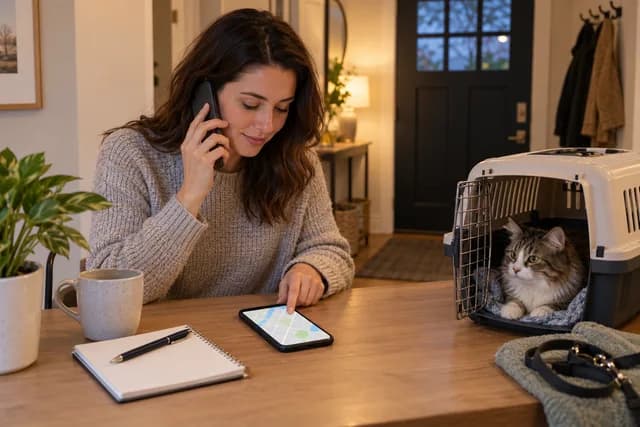 AI-generated editorial scene: A pet owner reviews two route options on a phone beside a secured carrier and leash. Not a tested product or patient case.