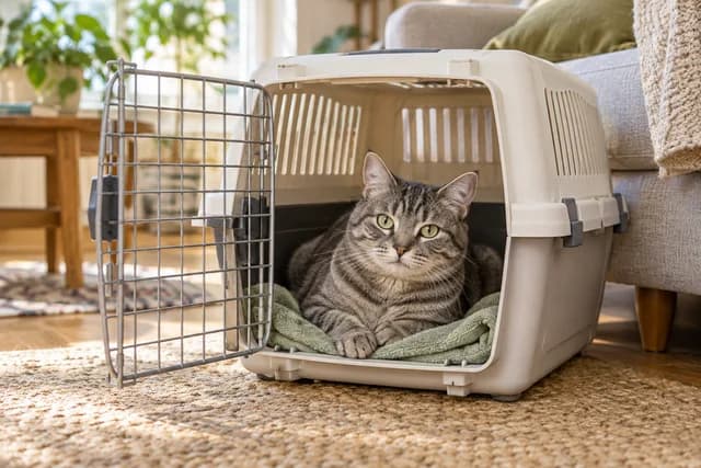 AI-generated editorial scene: A gray tabby resting inside an open carrier with a familiar towel in a living room. Not a tested product or patient case.