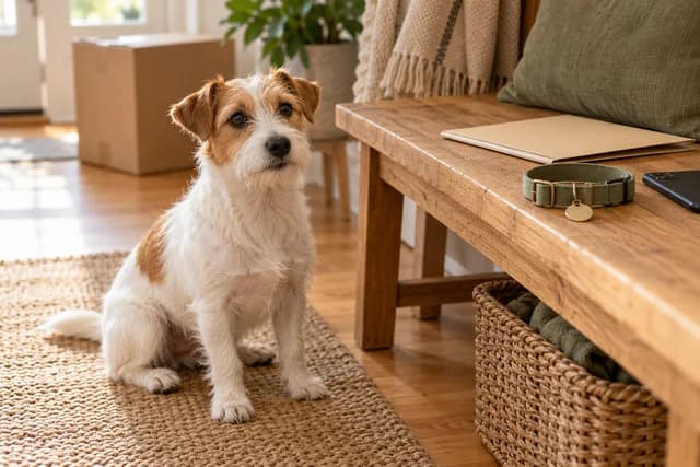 AI-generated editorial scene: A white-and-tan terrier beside an entryway bench with a collar, plain identification tag and document folder. Not a tested product or patient case.