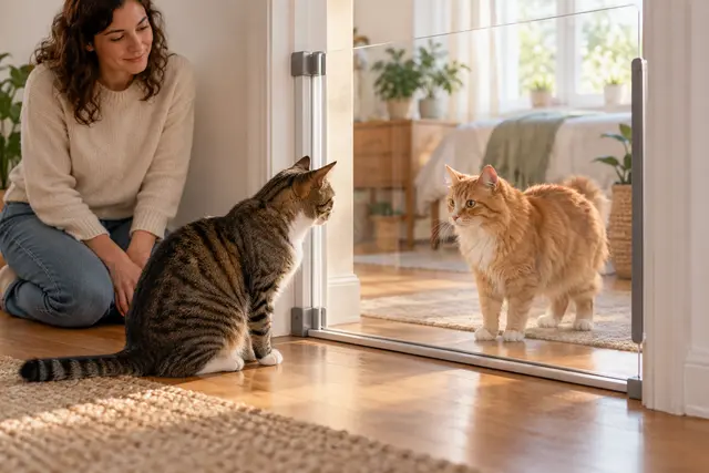 AI-generated editorial scene: Two cats remain comfortably separated in a calm home introduction setup. Not a tested product or patient case.