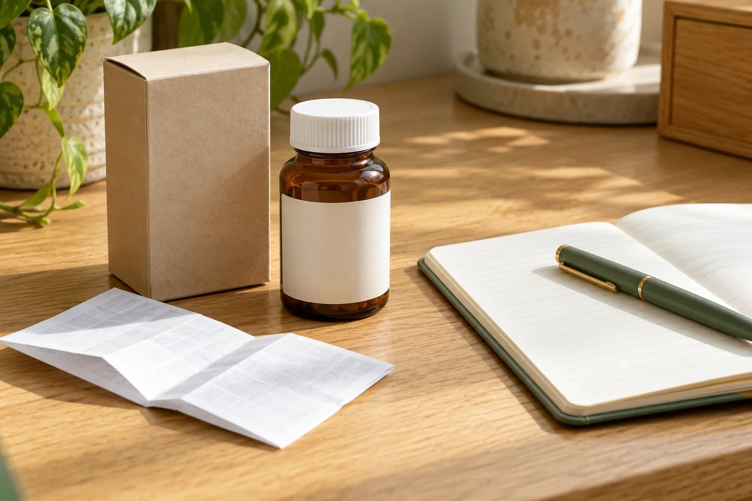 AI-generated editorial scene: a capped amber bottle, plain carton and leaflet beside a notebook. No usable medicine label or dose is shown.