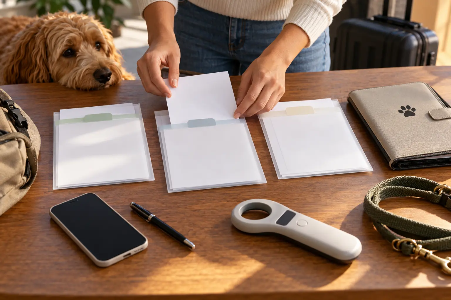 AI-generated editorial scene: hands sort blank document sleeves beside a pet folder, phone and generic scanner-shaped object.