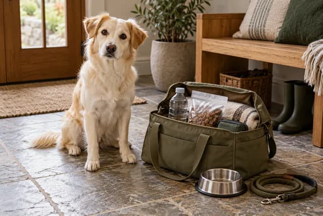 AI-generated editorial scene: A cream-colored dog beside an olive tote with food and water supplies, a bowl and a leash. Not a tested product or patient case.
