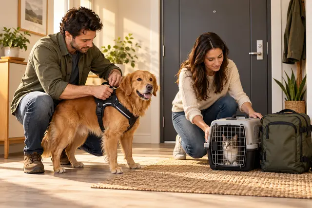 AI-generated editorial scene: A household practices a calm doorway handoff with a secured dog and pet go-bag. Not a tested product or patient case.