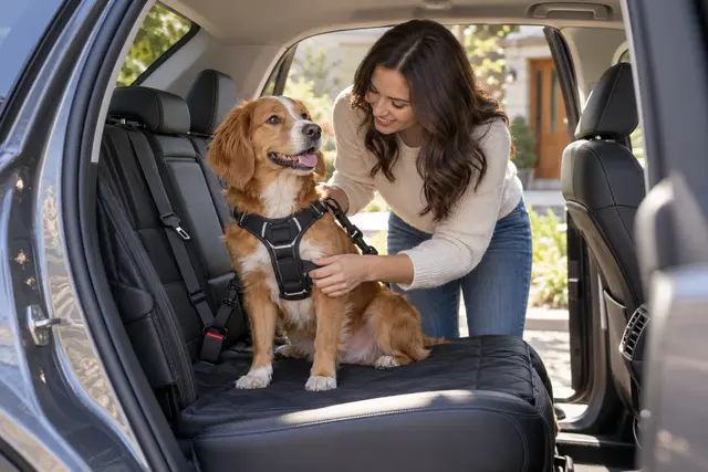 AI-generated editorial scene: A dog rests secured in the rear seat while its owner checks the setup before departure. Not a tested product or patient case.