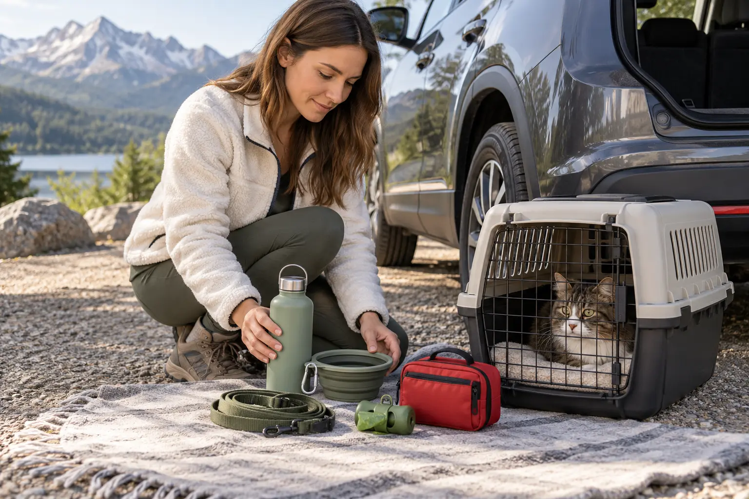 AI-generated editorial scene: water, cleanup supplies, a pet folder and a secured carrier are checked beside a parked car.