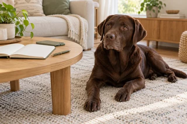 AI-generated editorial scene: A chocolate Labrador resting beside a table with a notebook and a phone. Not a tested product or patient case.