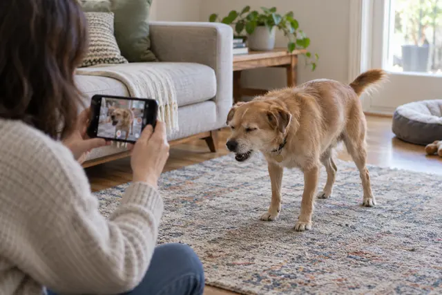 AI-generated editorial scene: An owner records a resting dog's spontaneous cough from a respectful distance. Not a tested product or patient case.
