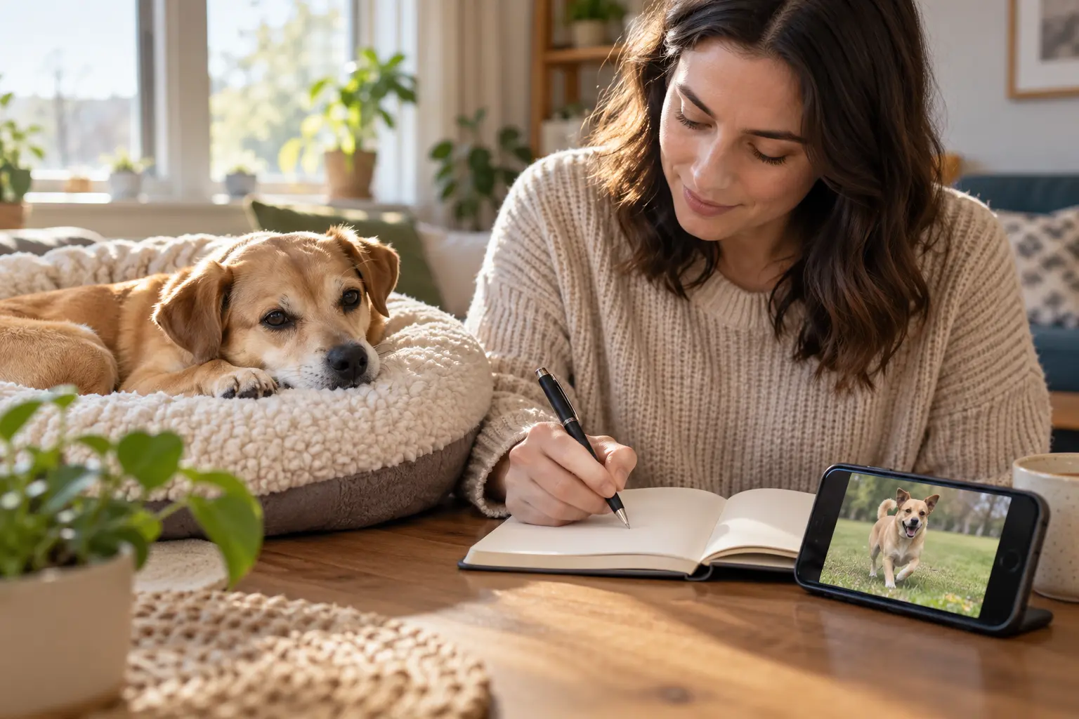 AI-generated editorial scene: a phone, timer and blank symptom notebook beside a resting dog in a quiet room.