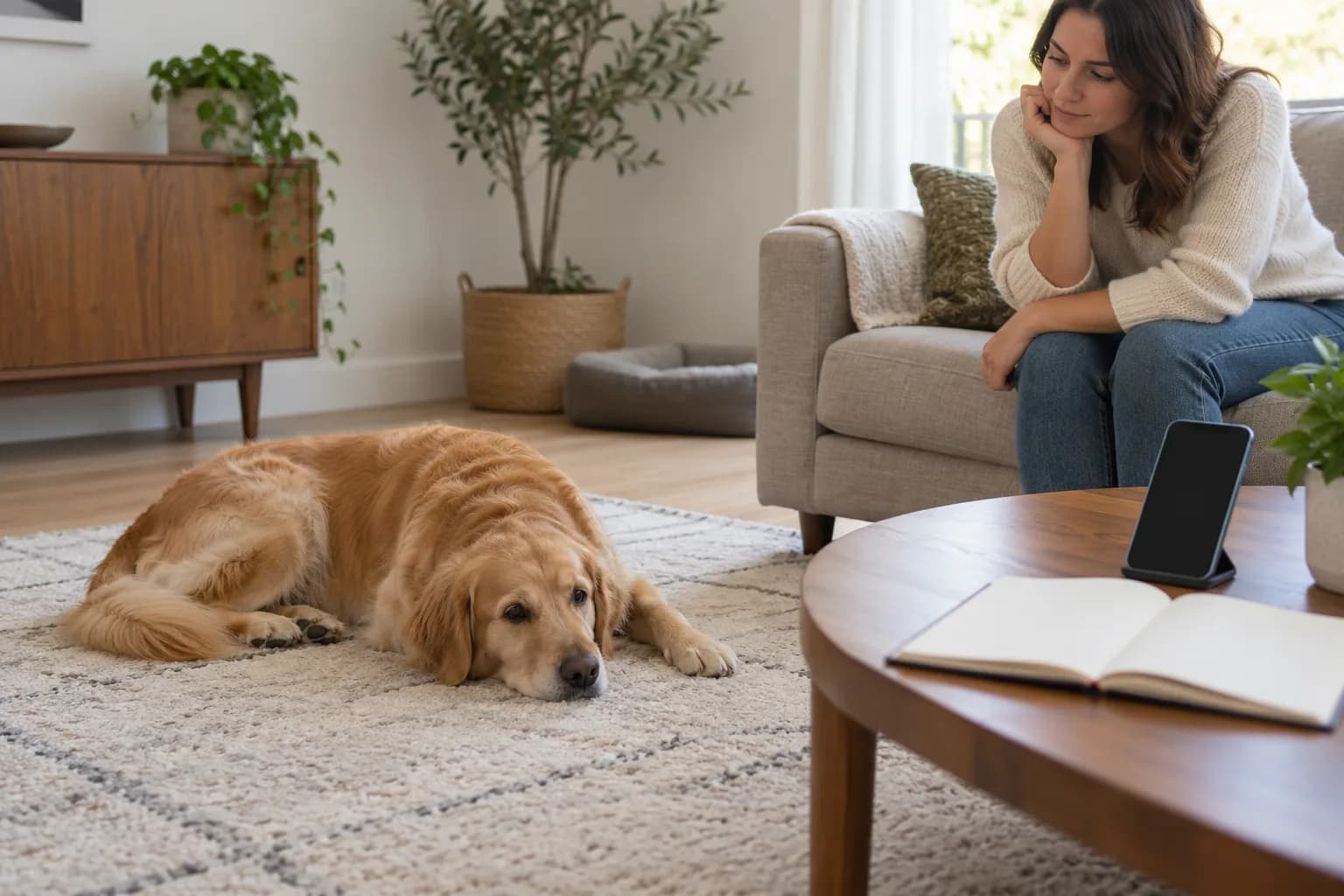 AI-generated editorial scene: a phone timer and blank episode notebook sit on a low table while a dog rests safely beyond them.