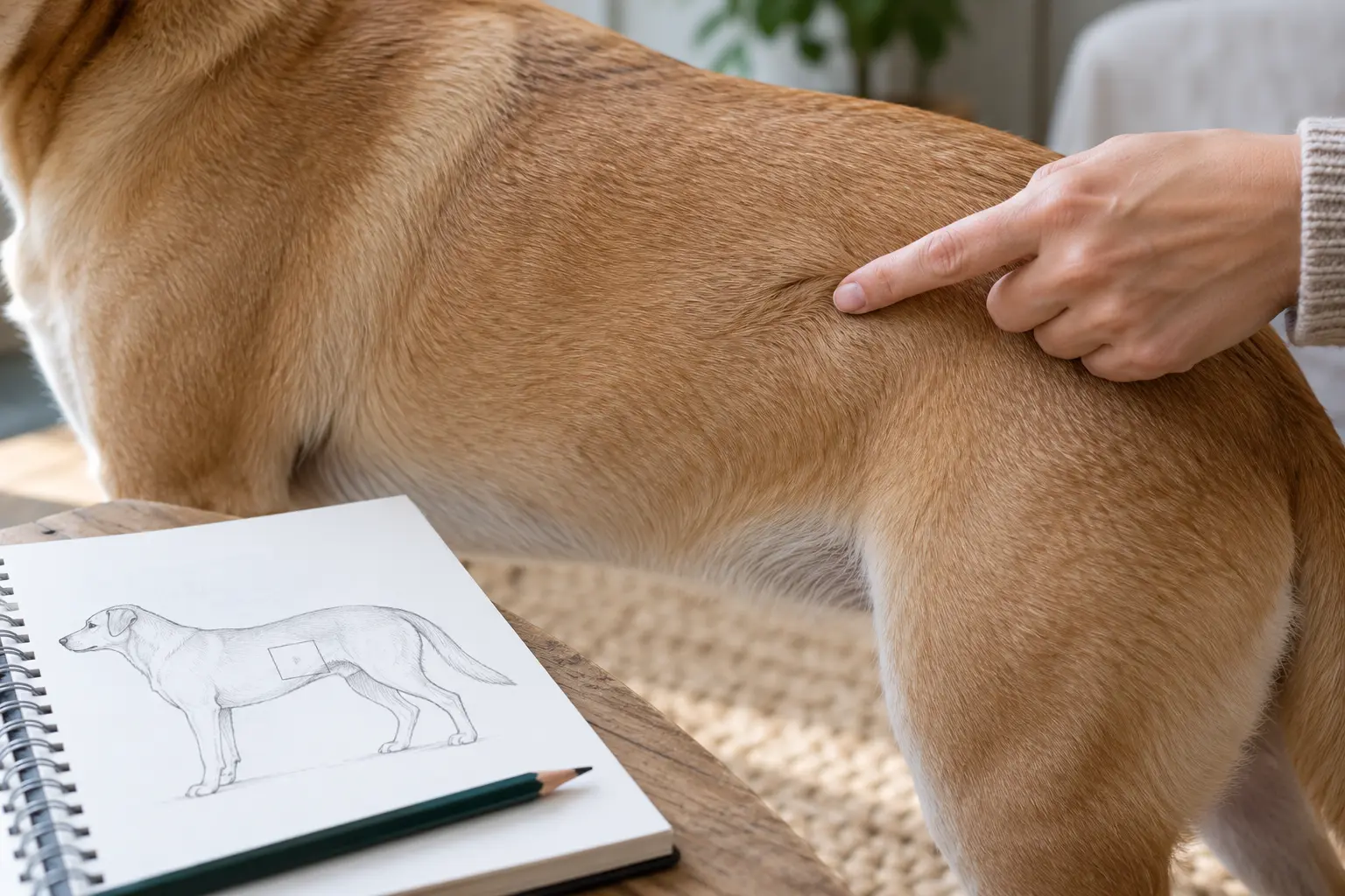 AI-generated editorial scene: a hand indicates a location on a tan dog's intact coat beside a blank body-location sketch.