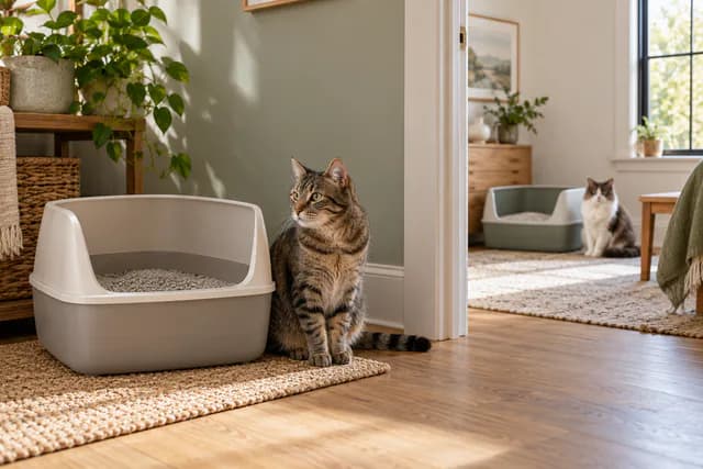 AI-generated editorial scene: Two cats have clean litter boxes in separate, accessible rooms of a calm home. Not a tested product or patient case.