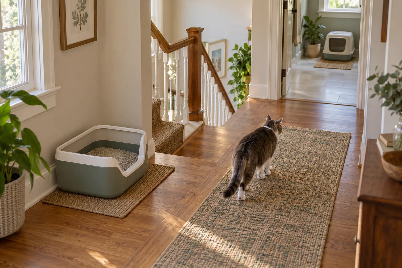 AI-generated editorial scene: an older cat walks an open route between two litter boxes placed on different levels and in separate locations.