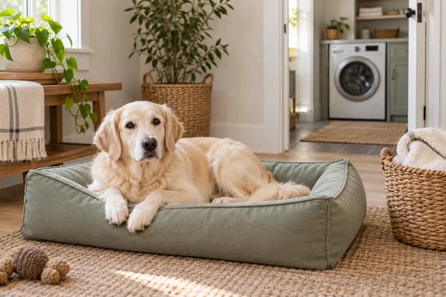 AI-generated editorial scene: A cream dog resting on a sage bed beside a basket with spare bedding and a laundry doorway. Not a tested product or patient case.