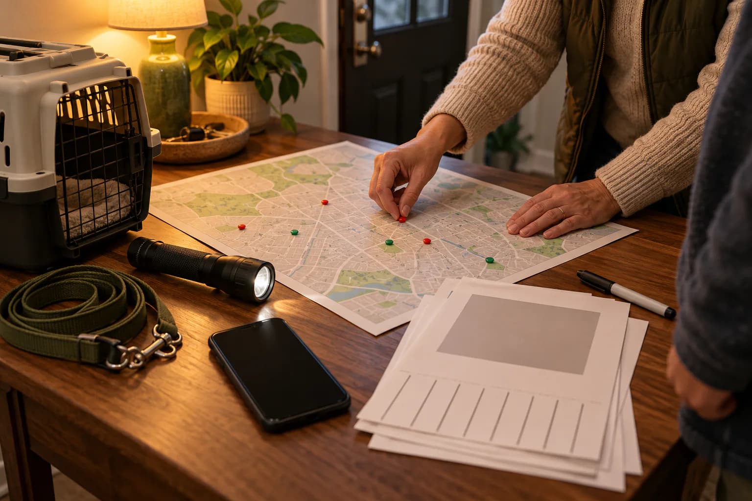 AI-generated editorial scene: a household search table holds a neighborhood map, blank flyers, flashlight, leash, carrier and phone.