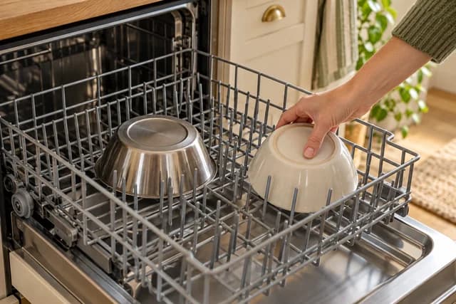 AI-generated editorial scene: A hand placing a cream pet bowl upside down in a dishwasher rack beside a separately spaced stainless steel bowl. Not a tested product or patient case.