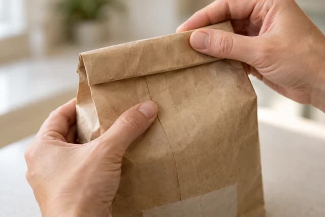 AI-generated editorial scene: Close view of hands holding the folded top and rear seam of a plain pet-food bag. Not a tested product or patient case.
