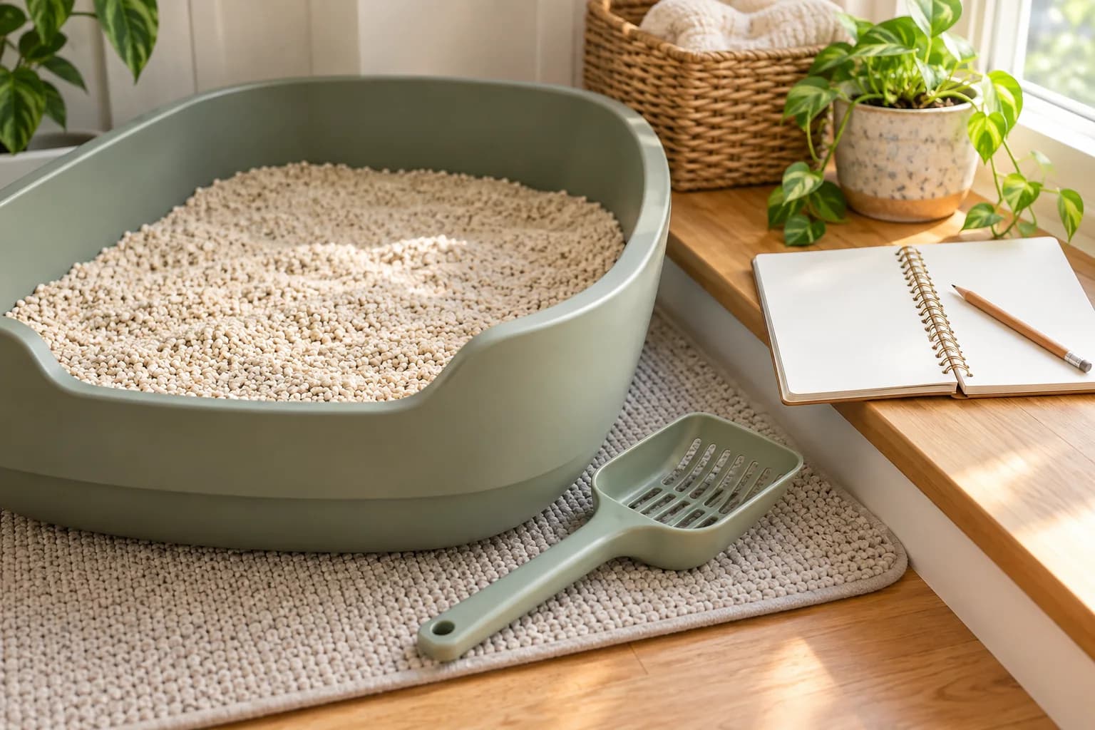 The edge of a clean litter tray beside a blank household observation log. AI-created editorial scene.