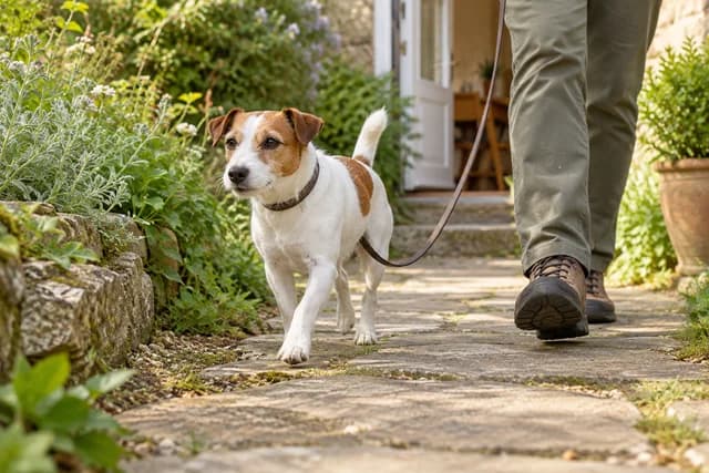 A Jack Russell on a quiet garden path with an owner nearby. AI-created editorial scene.