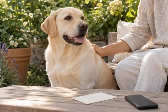 A Labrador outdoors beside an owner and simple photo-recording supplies. AI-created editorial scene.