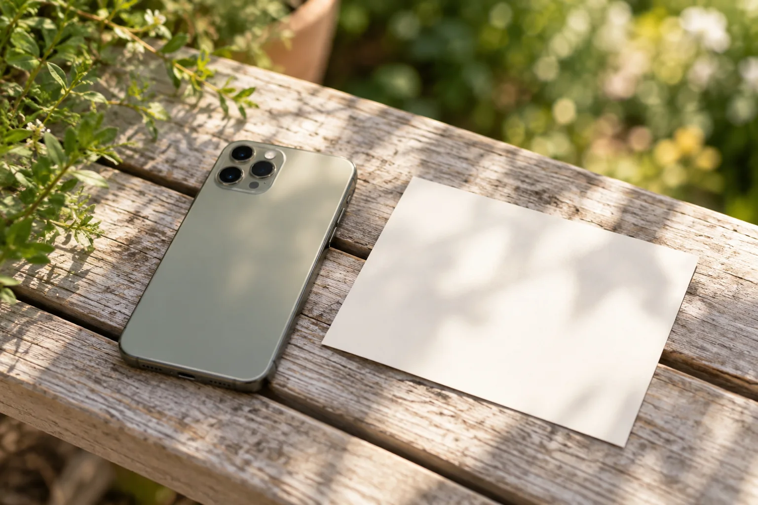 A phone and a plain neutral card on an outdoor bench. AI-created editorial scene.