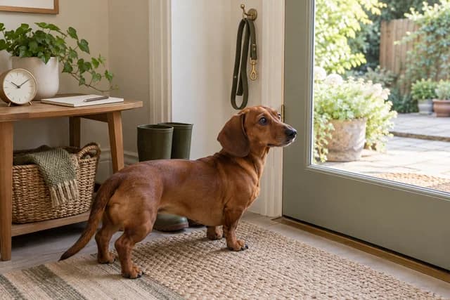 A dachshund waiting near a back door with a leash and a blank outing log nearby. AI-created editorial scene.