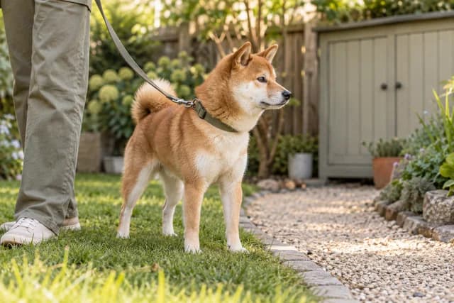 A Shiba on a loose leash near a garden edge and a closed storage area. AI-created editorial scene.