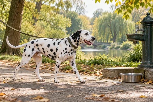 A Dalmatian walking comfortably on a leafy path near a water station. AI-created editorial scene.