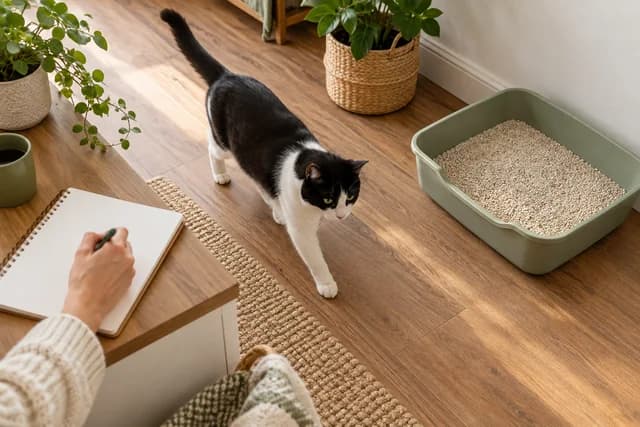 A black-and-white cat near a clean litter tray while a household record is being written. AI-created editorial scene.