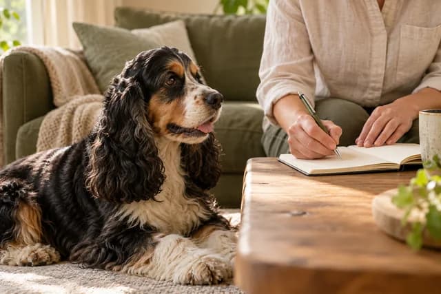 A tricolor spaniel beside a caregiver's observation notebook in a calm living room. AI-created editorial scene.