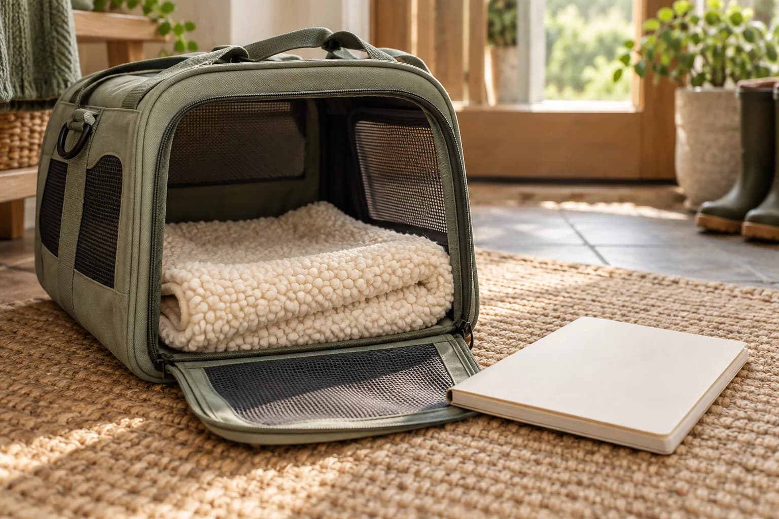A puppy blanket, carrier and closed blank record booklet prepared at home. AI-created editorial scene.