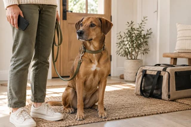 An owner holding a phone near an alert brown dog and a leash by the door. AI-created editorial scene.