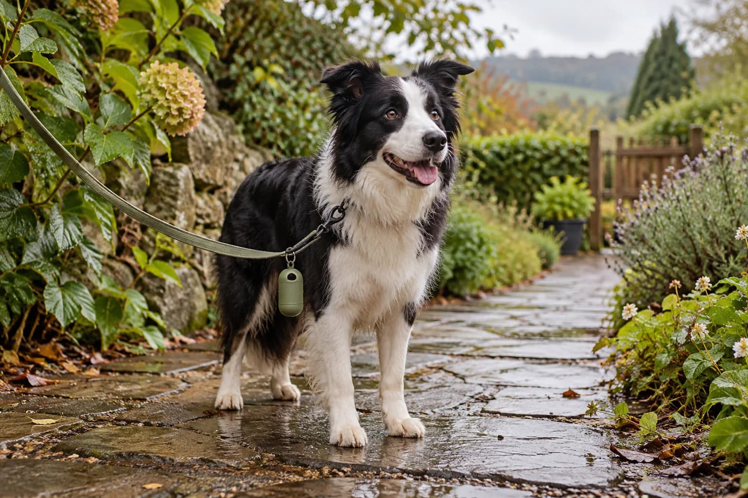 A border collie on a damp garden path with an owner and walking supplies. AI-created editorial scene.
