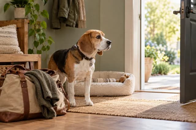A beagle beside an overnight bag and a familiar dog bed at home. AI-created editorial scene.