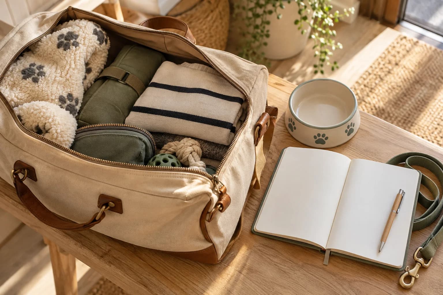 An overnight bag, a familiar pet bowl and a blank routine notebook. AI-created editorial scene.