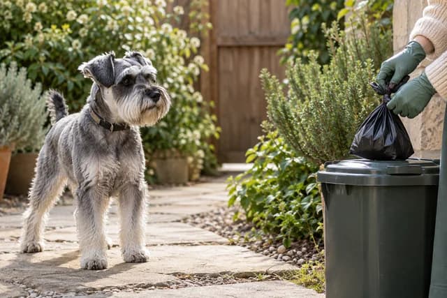 A Schnauzer away from an outdoor waste area while an owner handles an opaque cleanup bag. AI-created editorial scene.
