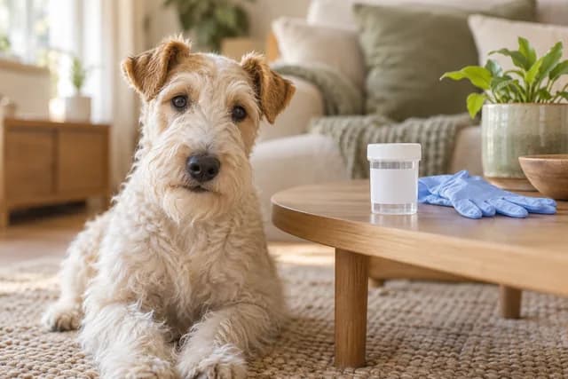 A cream terrier near clean, unused sample-preparation supplies. AI-created editorial scene.