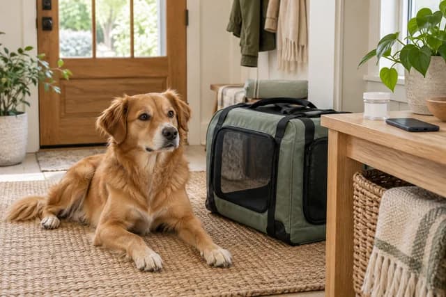 A golden mixed-breed dog beside a closed carrier and clean appointment-preparation supplies. AI-created editorial scene.