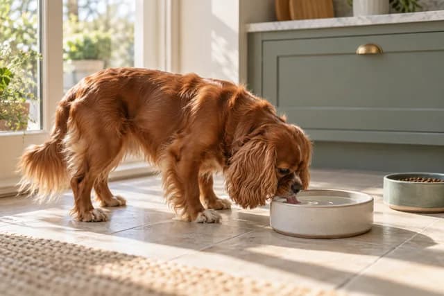 An auburn spaniel beside a water bowl in a naturally lit kitchen. AI-created editorial scene.