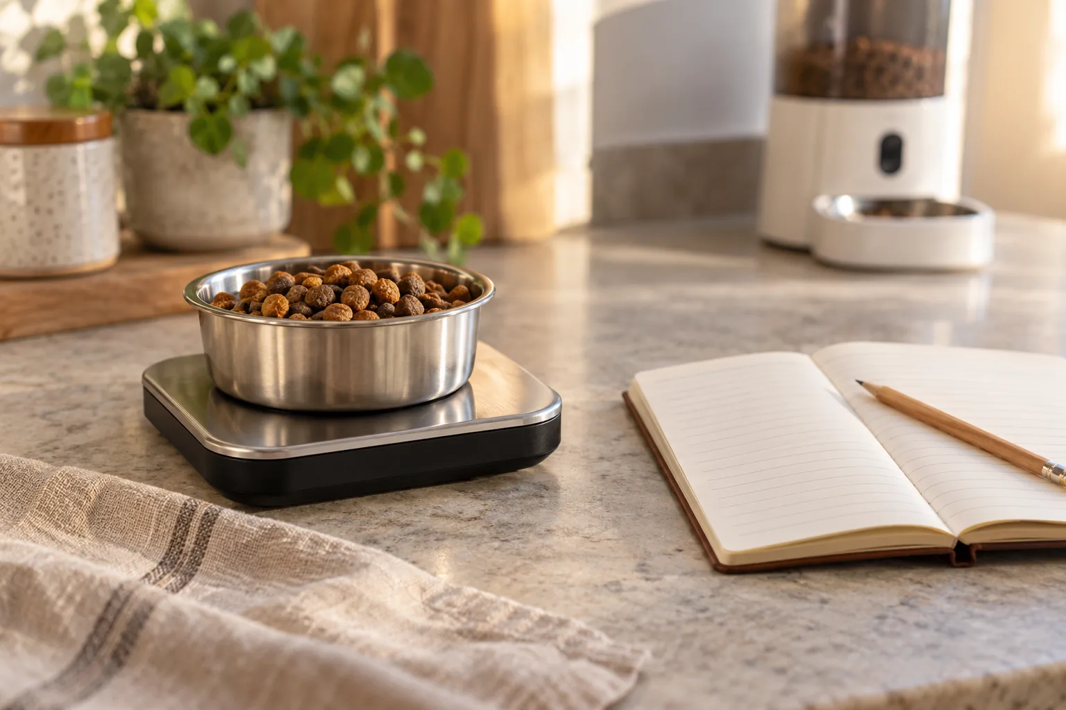 AI-generated editorial scene: a dish of kibble on a scale beside a blank notebook, with a feeder behind it. No measured weight is shown.
