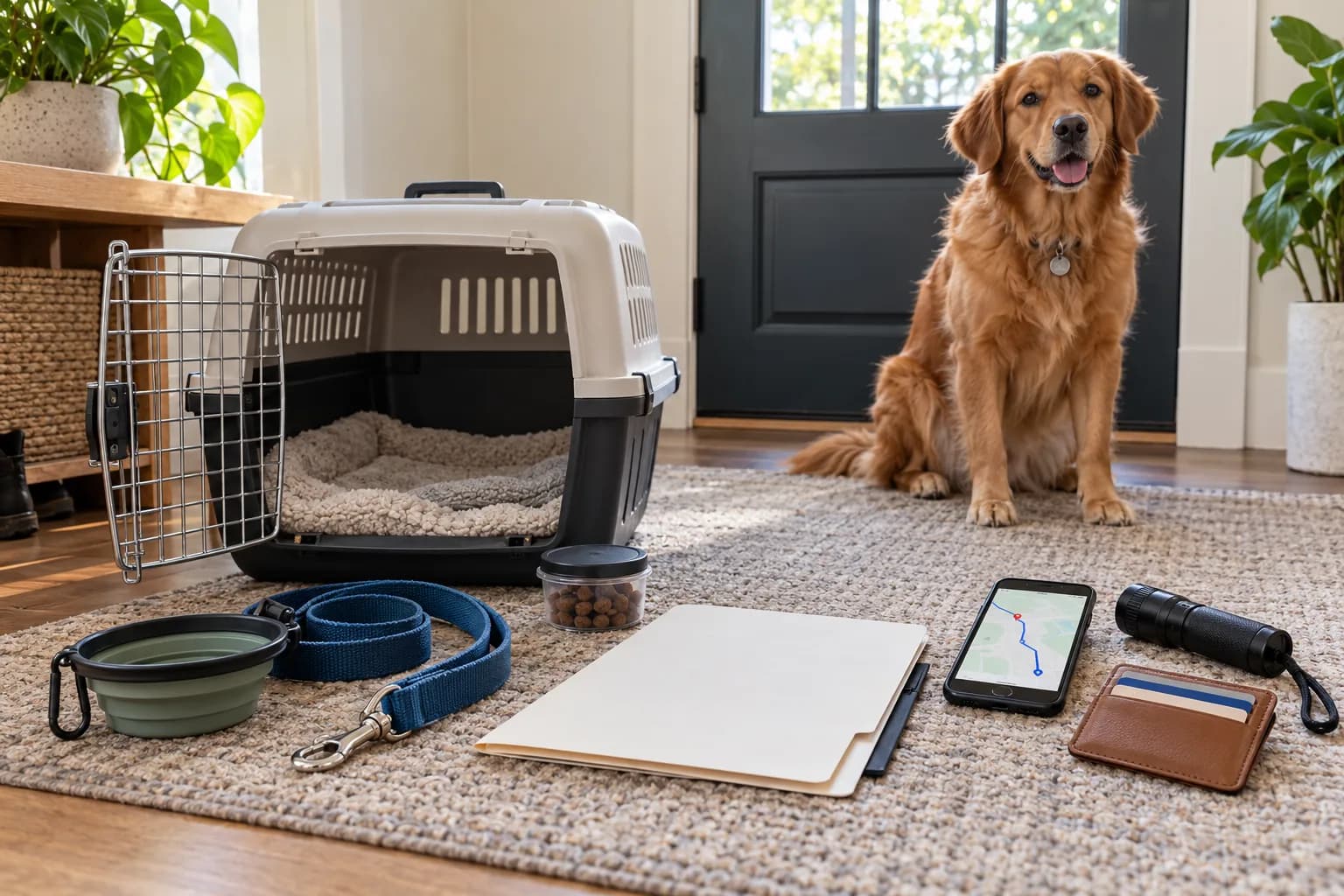 AI-generated editorial scene: a parked car faces a veterinary hospital entrance while a closed carrier and phone remain ready inside.