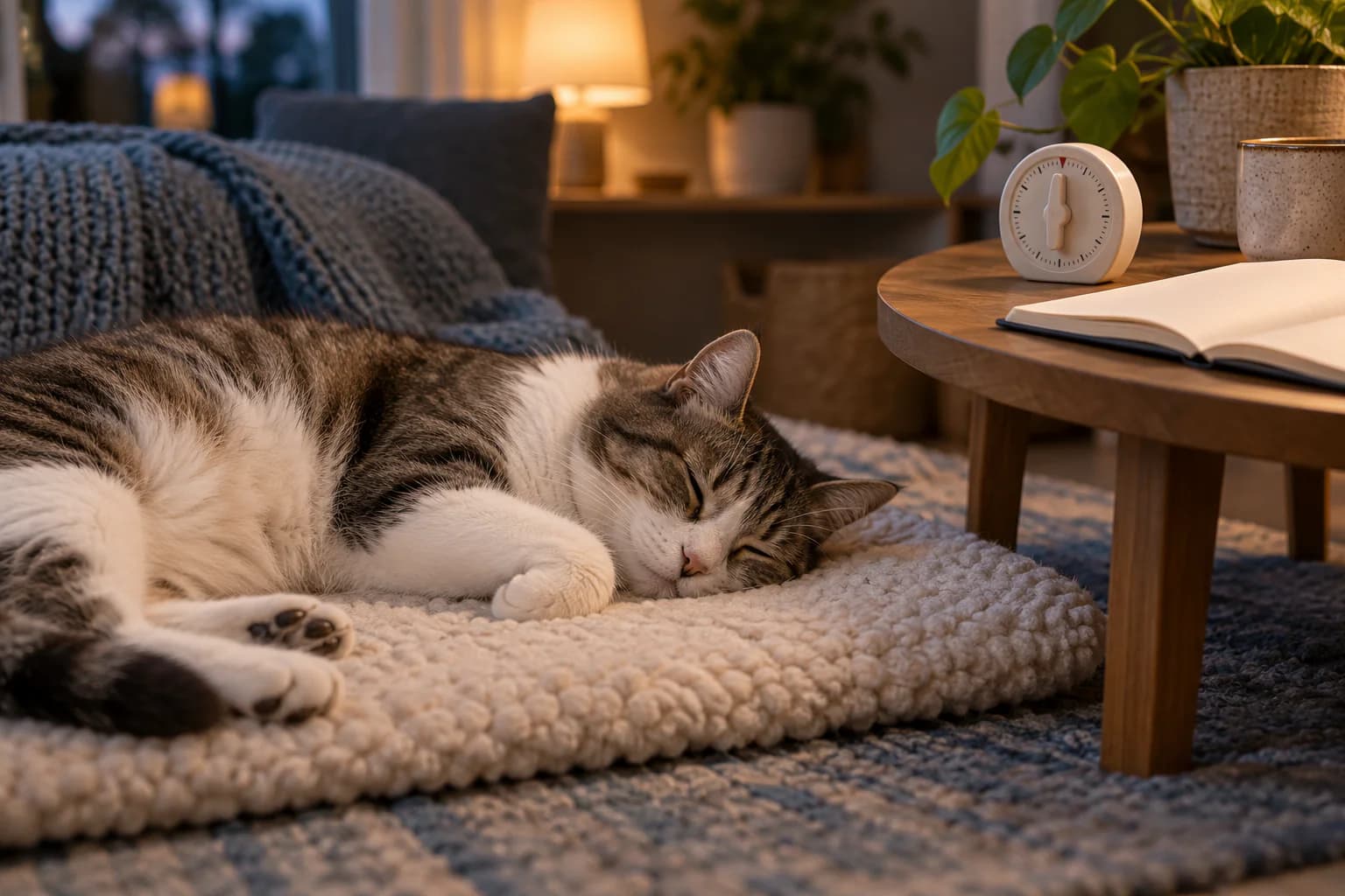 AI-generated editorial scene: a sleeping cat rests beside a timer and blank notebook without being touched.