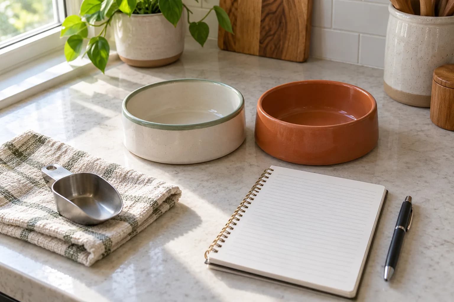 AI-generated editorial scene: two empty bowls beside a blank notebook, pen and scoop. Not an actual feeding record.