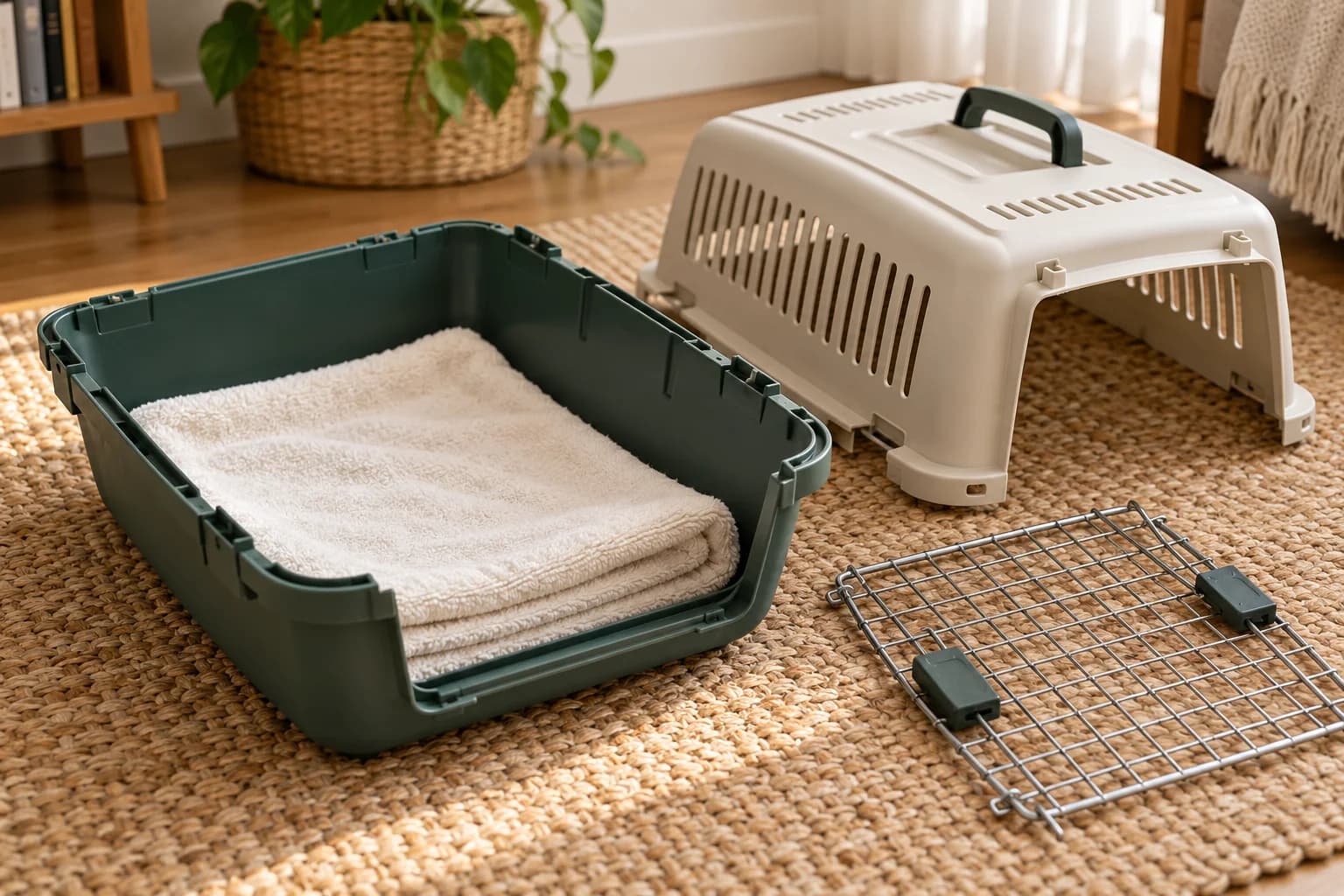 AI-generated editorial scene: an empty carrier base with a towel and its separate top and door on a rug.