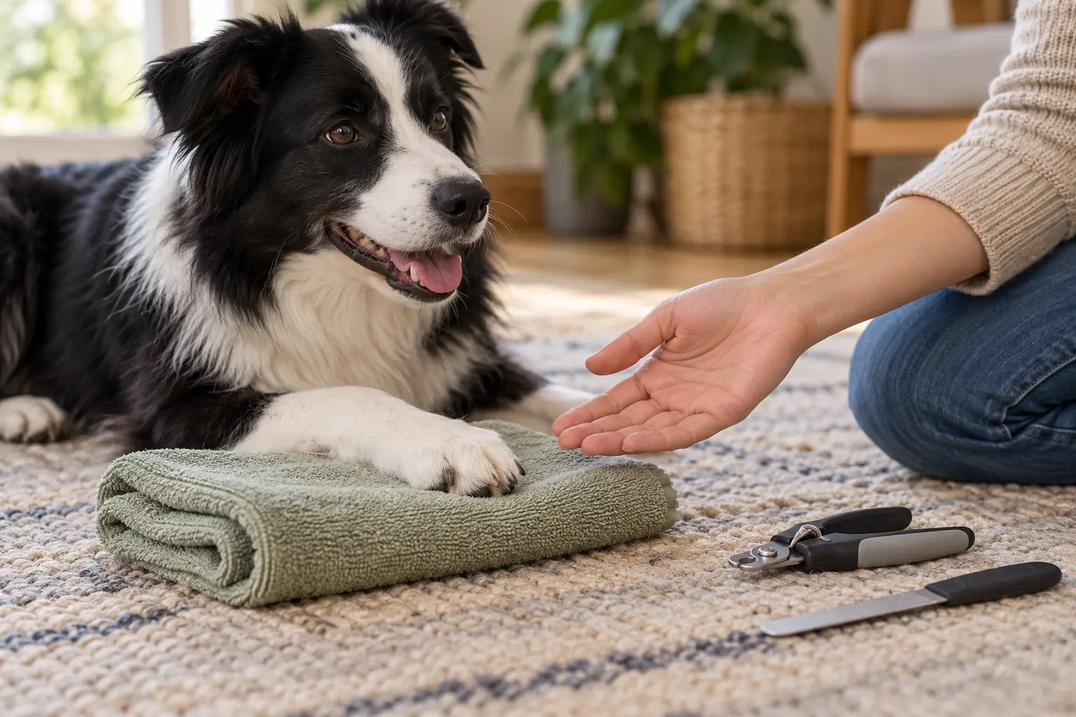 AI-generated editorial scene: a dog's intact paw rests on a folded towel while closed nail tools remain at a distance.