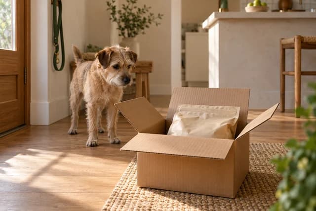 AI-generated editorial scene: A terrier stands beside a delivery box containing a sealed plain food bag in a warm entryway. Not a tested product or patient case.