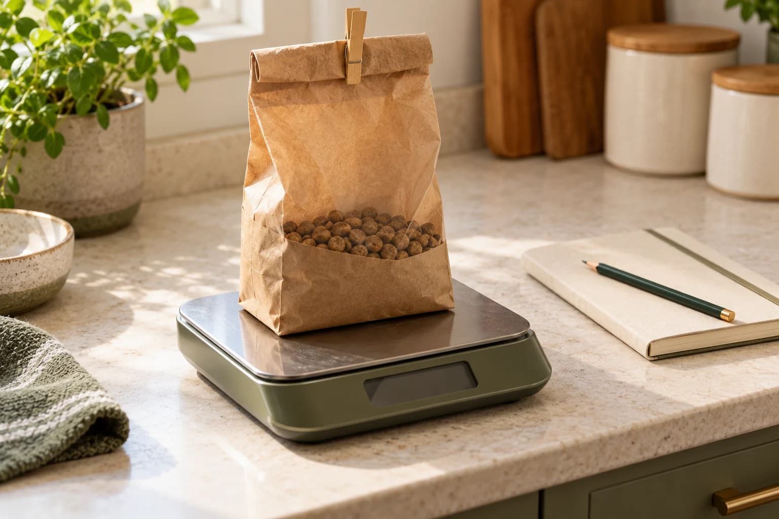 AI-generated editorial scene: a partly filled plain food bag on a kitchen scale beside a notebook. No measured weight is shown.