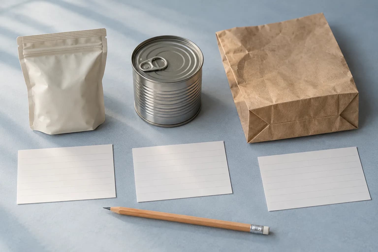 AI-generated editorial scene: separate food packages beside blank cards and a pencil. No genuine product codes or recall identifiers are shown.