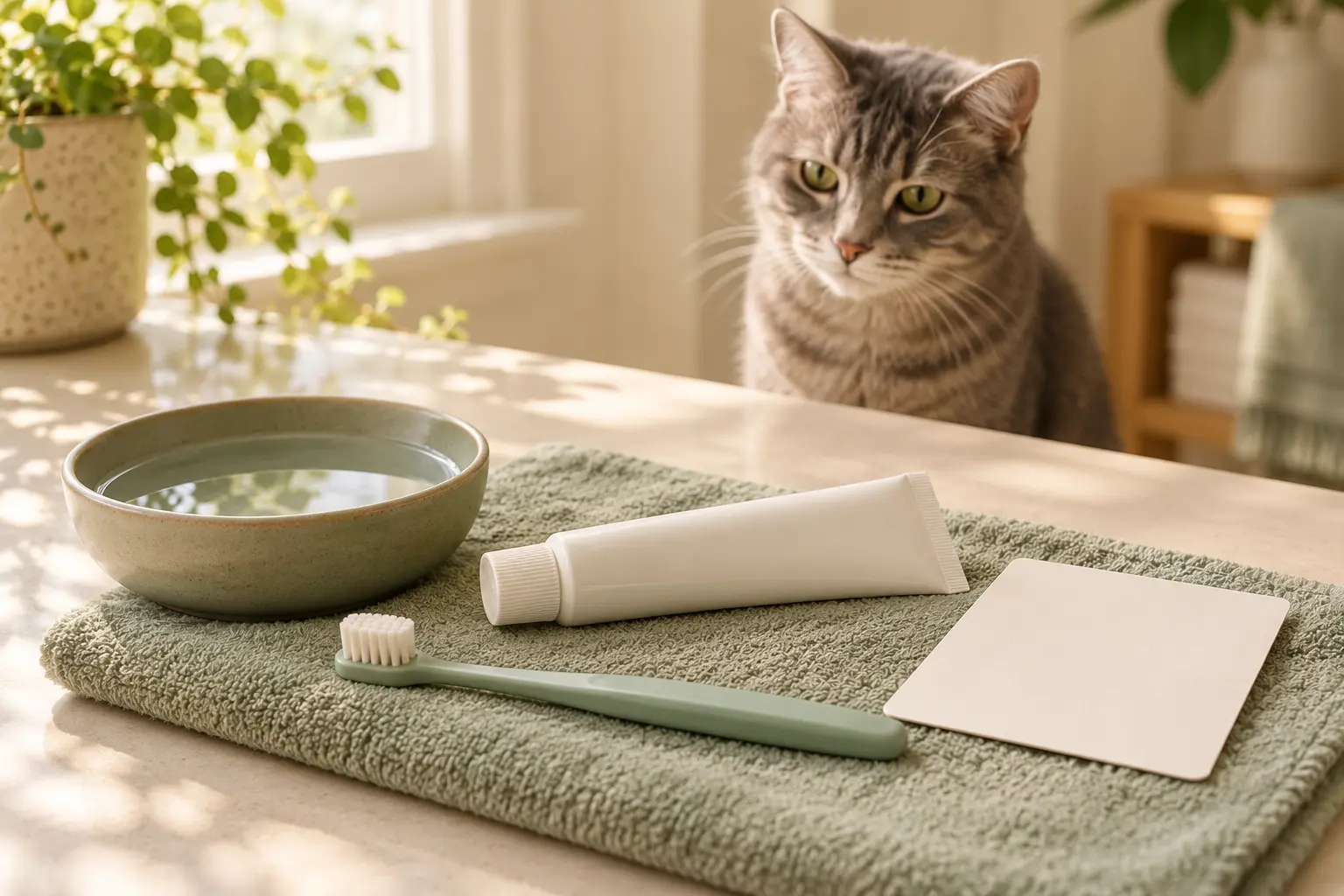 AI-generated editorial scene: a soft pet toothbrush, closed plain toothpaste tube, water bowl and blank routine card on a towel, with a gray cat behind them.